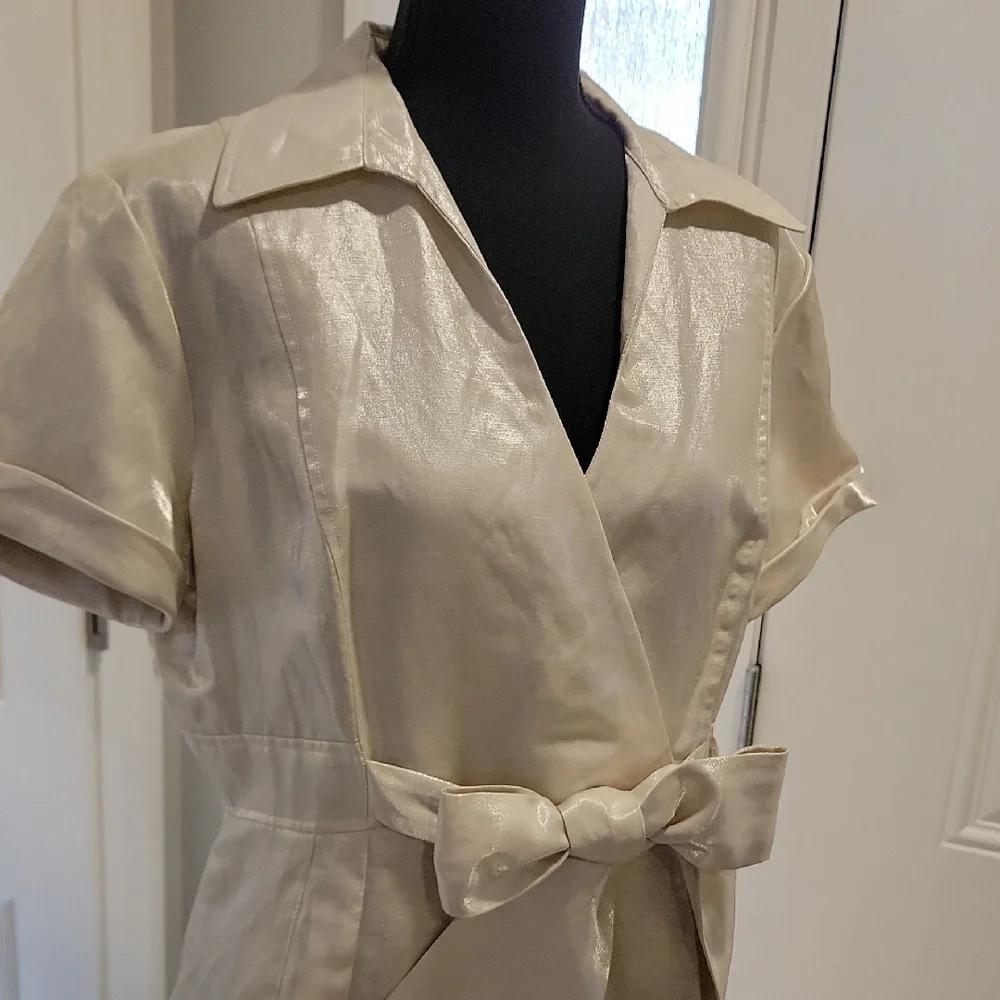 ANTONIO MELANI Cream Metallic Sheen Faux Wrap Dress - Picture 2 of 14